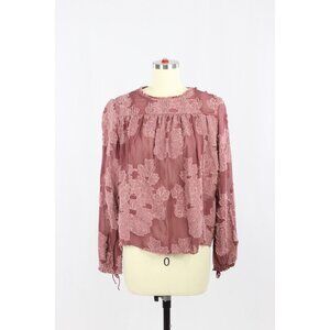 Aritzia WILFRED Lourdes Mauve Sheer Floral Jacquard Peasant Blouse Top, Size XS